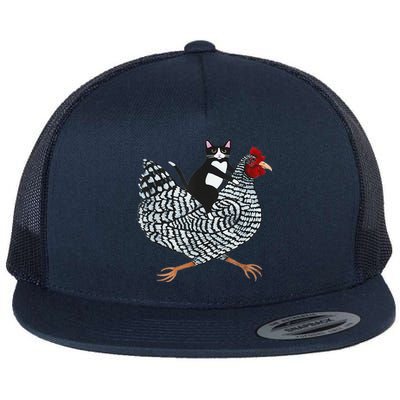 Funny Tuxedo Cat On A Chicken Funny Chicken Gifts Lover Tee Flat Bill Trucker Hat