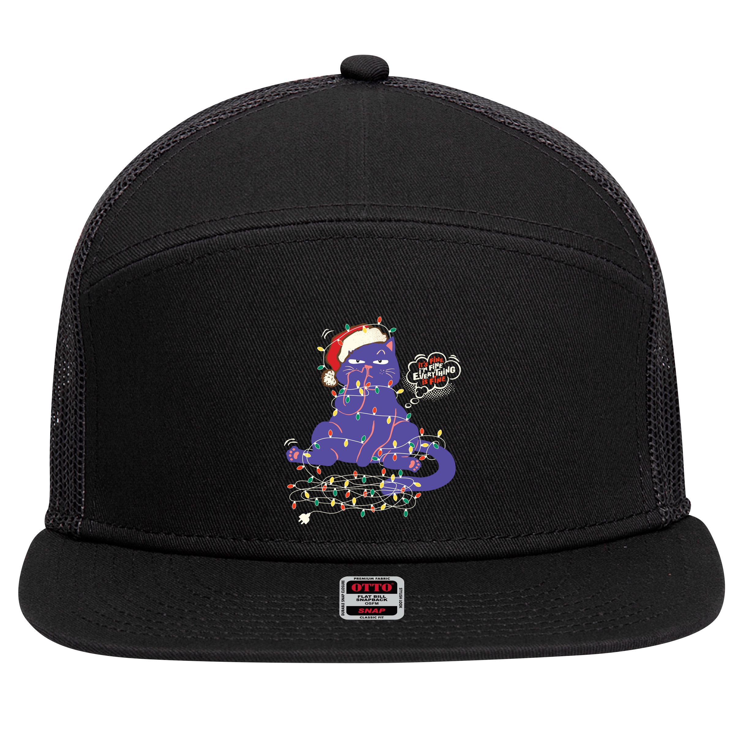 Funny Tangled Christmas Lights Cat Im Fine Everything Is Fine 7 Panel Mesh Trucker Snapback Hat