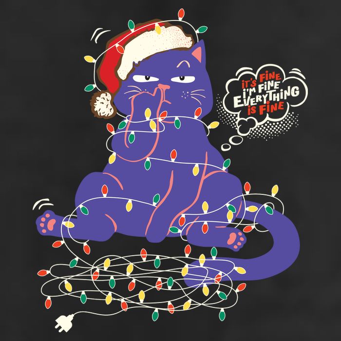 Funny Tangled Christmas Lights Cat Im Fine Everything Is Fine 7 Panel Mesh Trucker Snapback Hat
