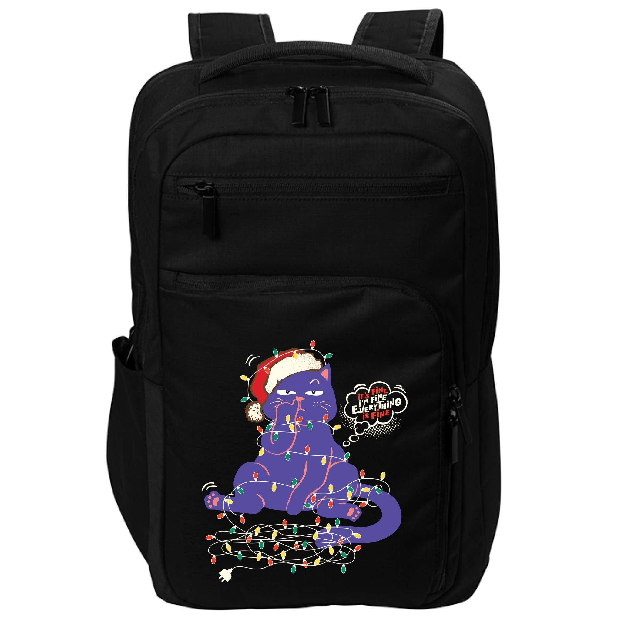 Funny Tangled Christmas Lights Cat Im Fine Everything Is Fine Impact Tech Backpack
