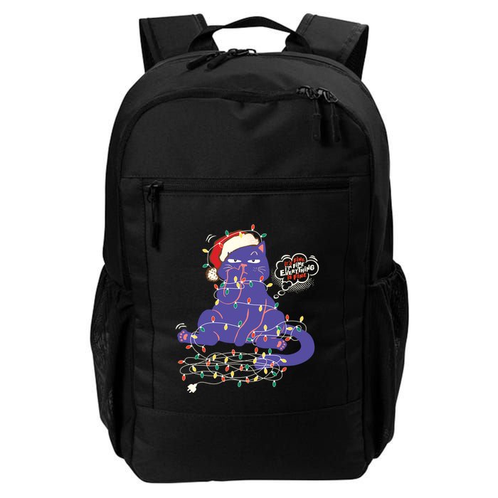 Funny Tangled Christmas Lights Cat Im Fine Everything Is Fine Backpack