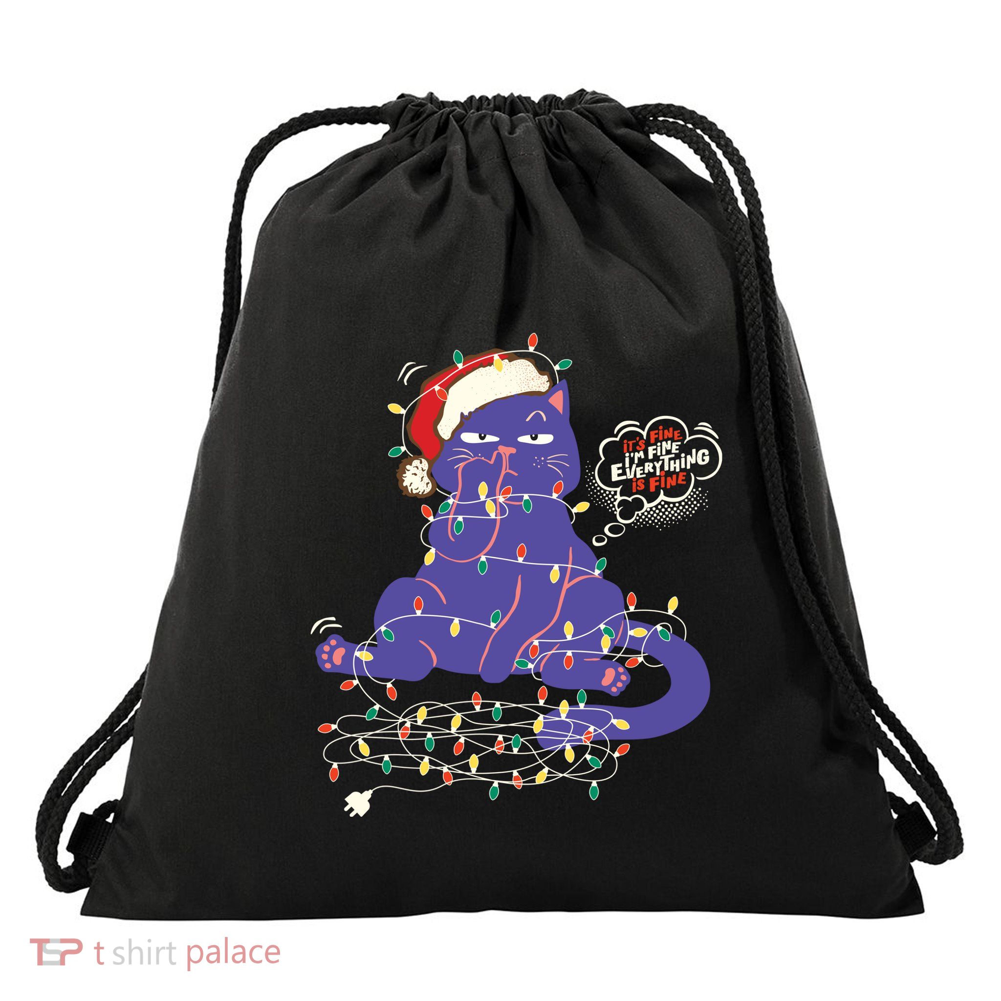 Funny Tangled Christmas Lights Cat Im Fine Everything Is Fine Drawstring Bag