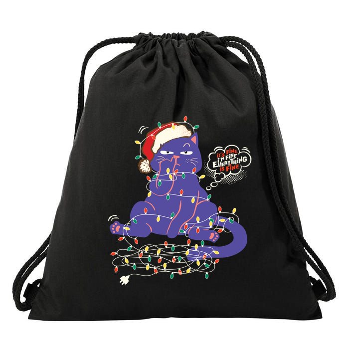 Funny Tangled Christmas Lights Cat Im Fine Everything Is Fine Drawstring Bag