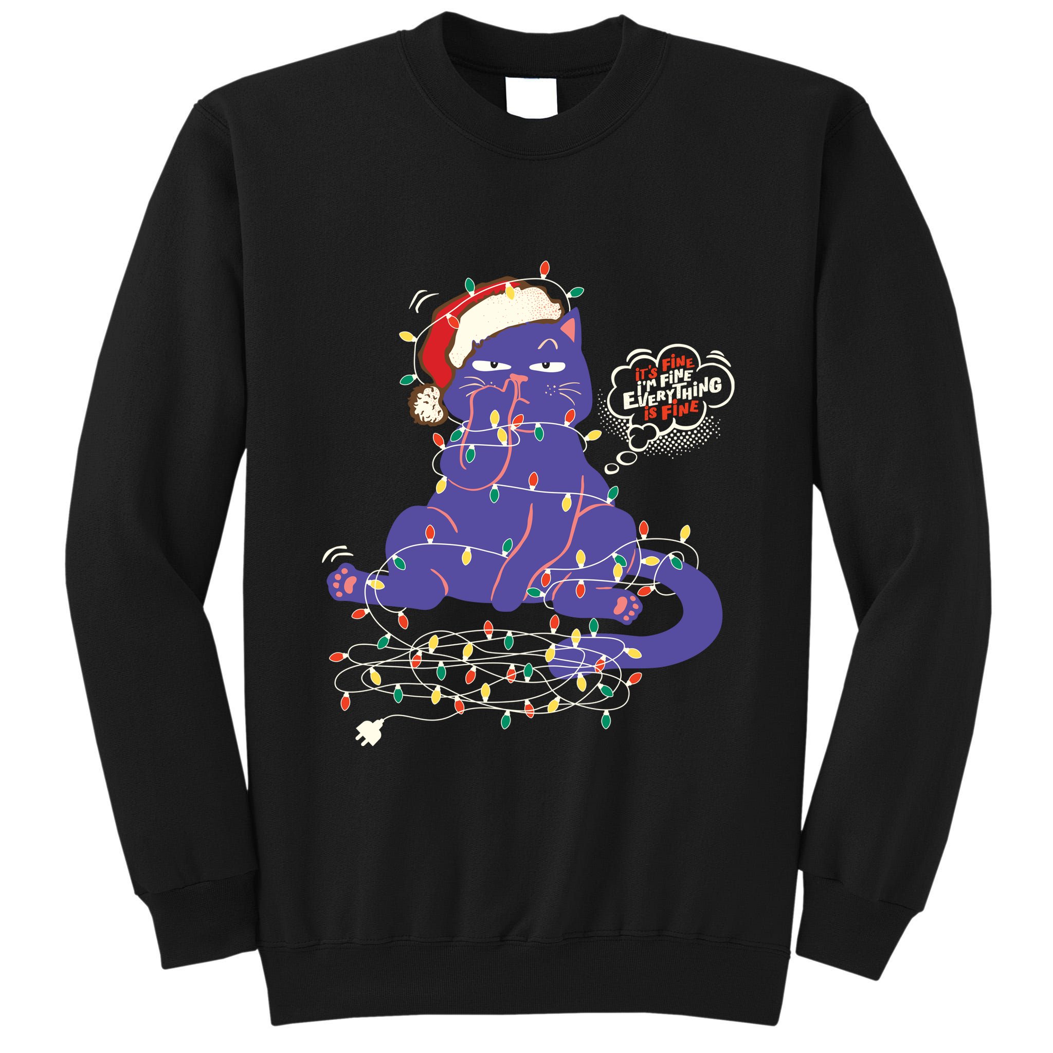 Funny Tangled Christmas Lights Cat Im Fine Everything Is Fine Tall Sweatshirt