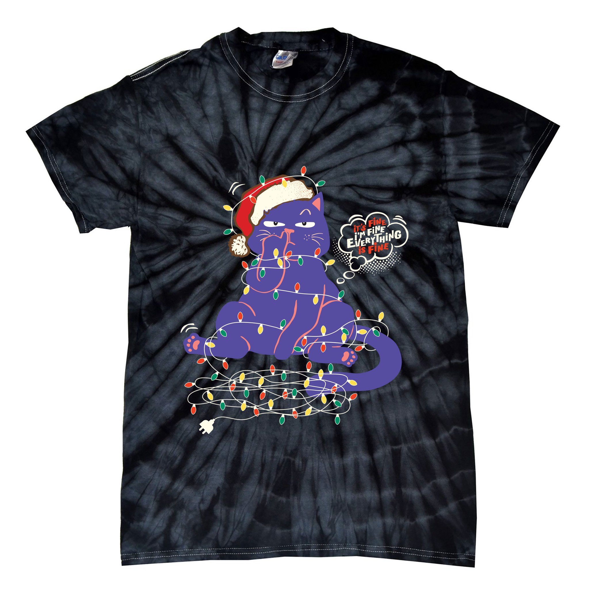 Funny Tangled Christmas Lights Cat Im Fine Everything Is Fine Tie-Dye T-Shirt