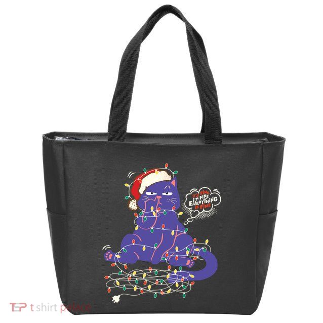 Funny Tangled Christmas Lights Cat Im Fine Everything Is Fine Zip Tote Bag