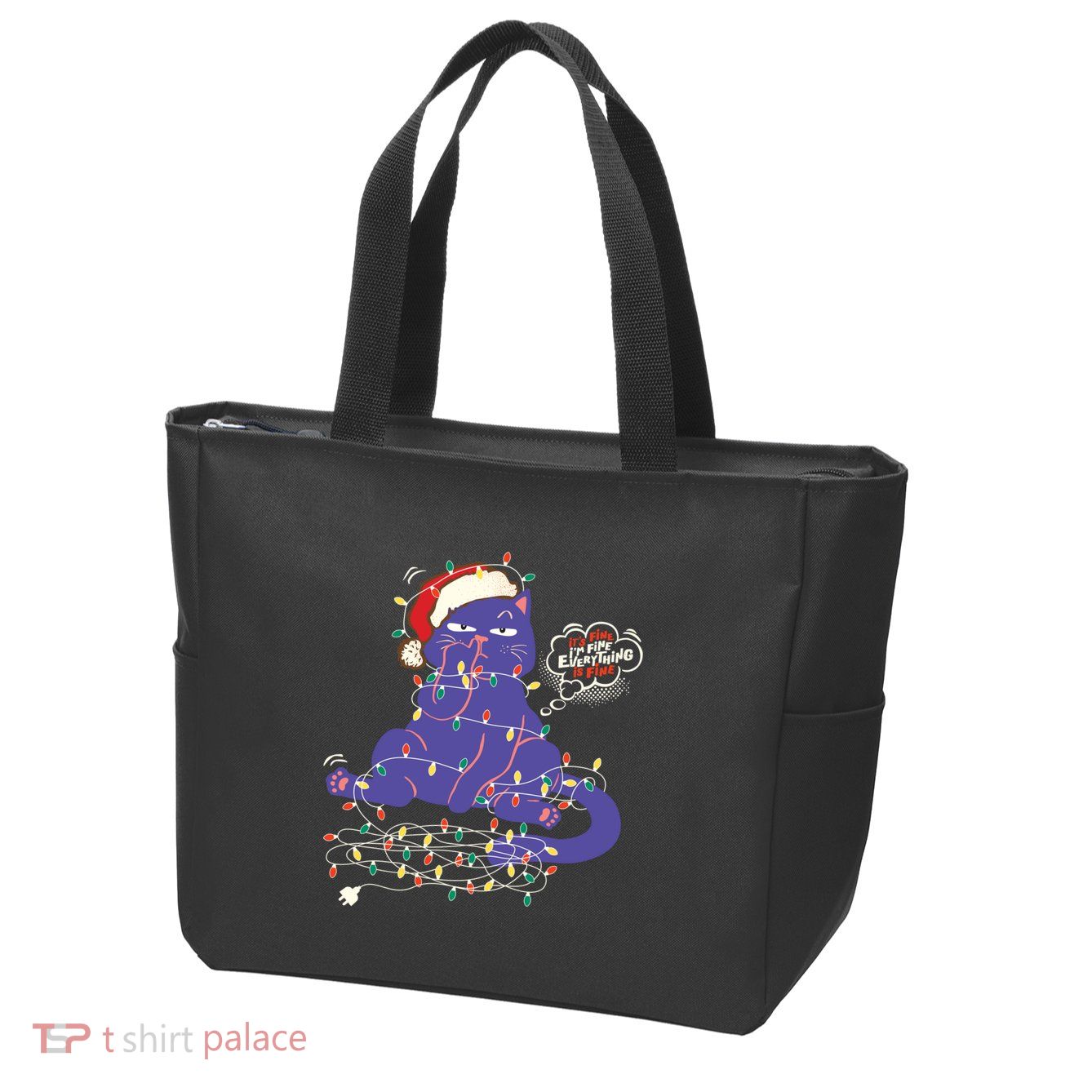 Funny Tangled Christmas Lights Cat Im Fine Everything Is Fine Zip Tote Bag