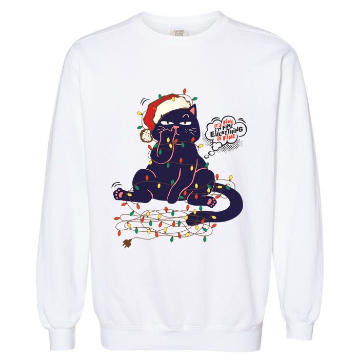 Funny Tangled Christmas Lights Cat Im Fine Everything Is Fine Garment-Dyed Sweatshirt