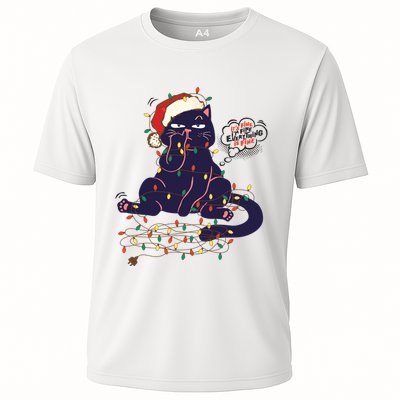 Funny Tangled Christmas Lights Cat Im Fine Everything Is Fine Performance Shirt