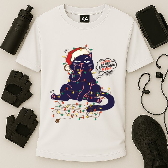 Funny Tangled Christmas Lights Cat Im Fine Everything Is Fine Cooling Performance Crew T-Shirt