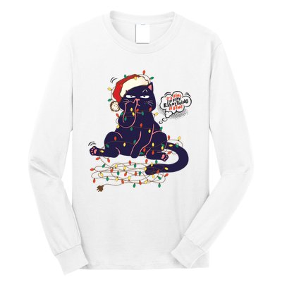 Funny Tangled Christmas Lights Cat Im Fine Everything Is Fine Long Sleeve Shirt
