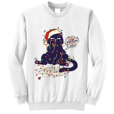 Funny Tangled Christmas Lights Cat Im Fine Everything Is Fine Sweatshirt