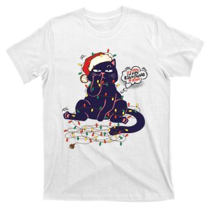 Funny Tangled Christmas Lights Cat Im Fine Everything Is Fine T-Shirt