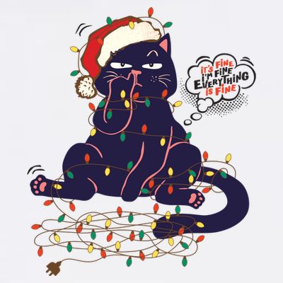 Funny Tangled Christmas Lights Cat Im Fine Everything Is Fine T-Shirt