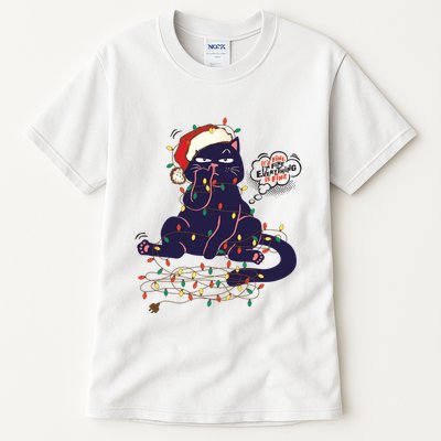 Funny Tangled Christmas Lights Cat Im Fine Everything Is Fine Tall T-Shirt