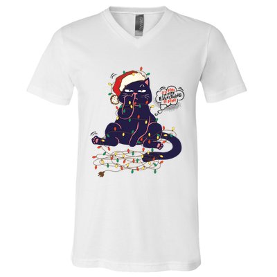 Funny Tangled Christmas Lights Cat Im Fine Everything Is Fine V-Neck T-Shirt