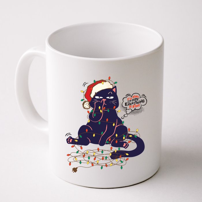 Funny Tangled Christmas Lights Cat Im Fine Everything Is Fine Mug