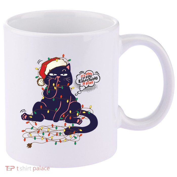 Funny Tangled Christmas Lights Cat Im Fine Everything Is Fine 11oz C Handle Ceramic Mug