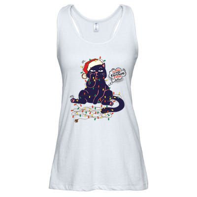 Funny Tangled Christmas Lights Cat Im Fine Everything Is Fine Ladies Essential Flowy Tank