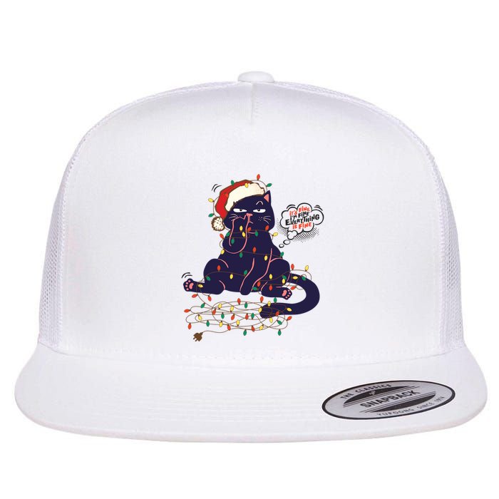 Funny Tangled Christmas Lights Cat Im Fine Everything Is Fine Flat Bill Trucker Hat