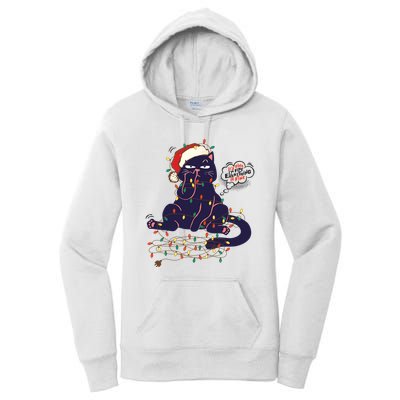 Funny Tangled Christmas Lights Cat Im Fine Everything Is Fine Women's Pullover Hoodie