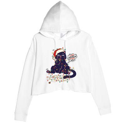 Funny Tangled Christmas Lights Cat Im Fine Everything Is Fine Crop Fleece Hoodie