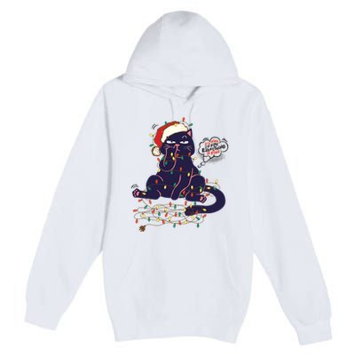 Funny Tangled Christmas Lights Cat Im Fine Everything Is Fine Premium Pullover Hoodie