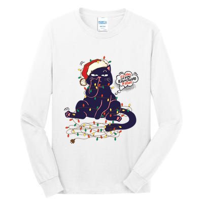 Funny Tangled Christmas Lights Cat Im Fine Everything Is Fine Tall Long Sleeve T-Shirt