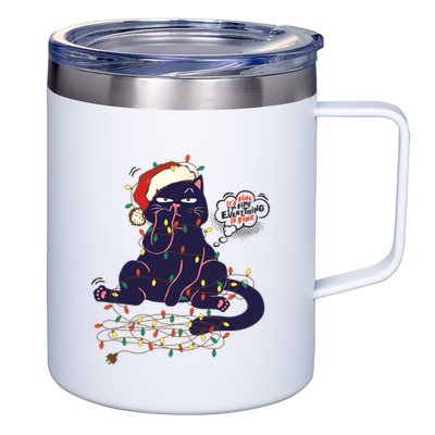 Funny Tangled Christmas Lights Cat Im Fine Everything Is Fine 12oz Stainless Steel Coffee Mug