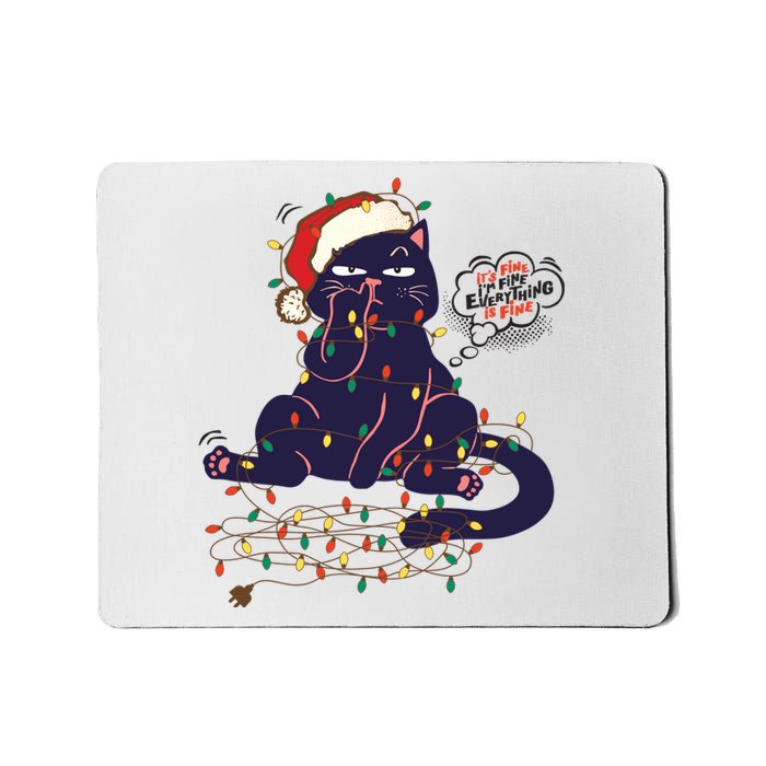 Funny Tangled Christmas Lights Cat Im Fine Everything Is Fine Mousepad