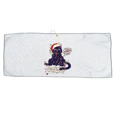 Funny Tangled Christmas Lights Cat Im Fine Everything Is Fine Large Microfiber Waffle Golf Towel
