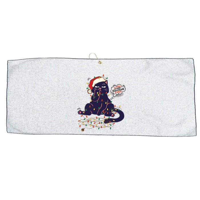 Funny Tangled Christmas Lights Cat Im Fine Everything Is Fine Large Microfiber Waffle Golf Towel