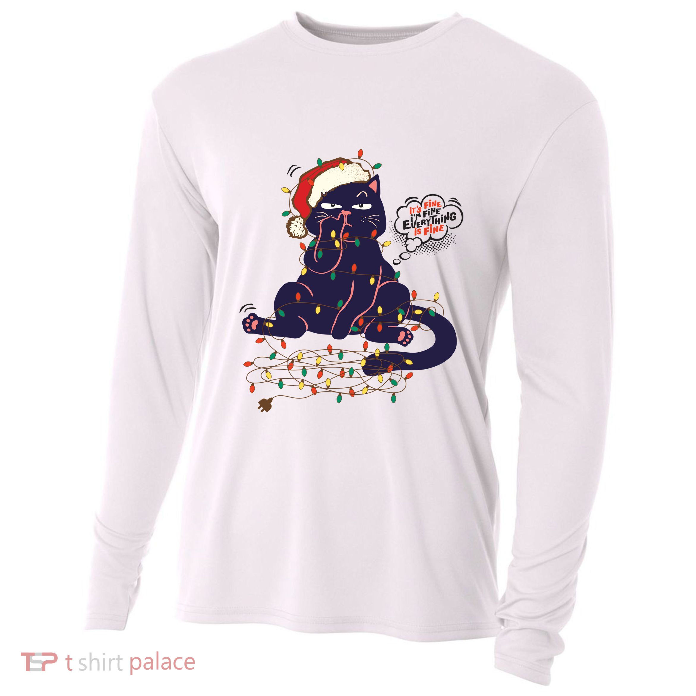 Funny Tangled Christmas Lights Cat Im Fine Everything Is Fine Cooling Performance Long Sleeve Crew