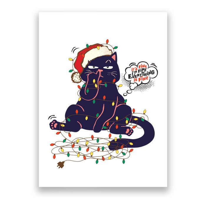 Funny Tangled Christmas Lights Cat Im Fine Everything Is Fine Poster