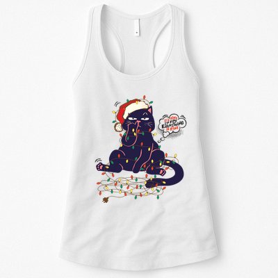 Funny Tangled Christmas Lights Cat Im Fine Everything Is Fine Womens Tank Top