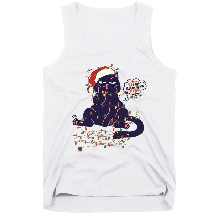 Funny Tangled Christmas Lights Cat Im Fine Everything Is Fine Tank Top