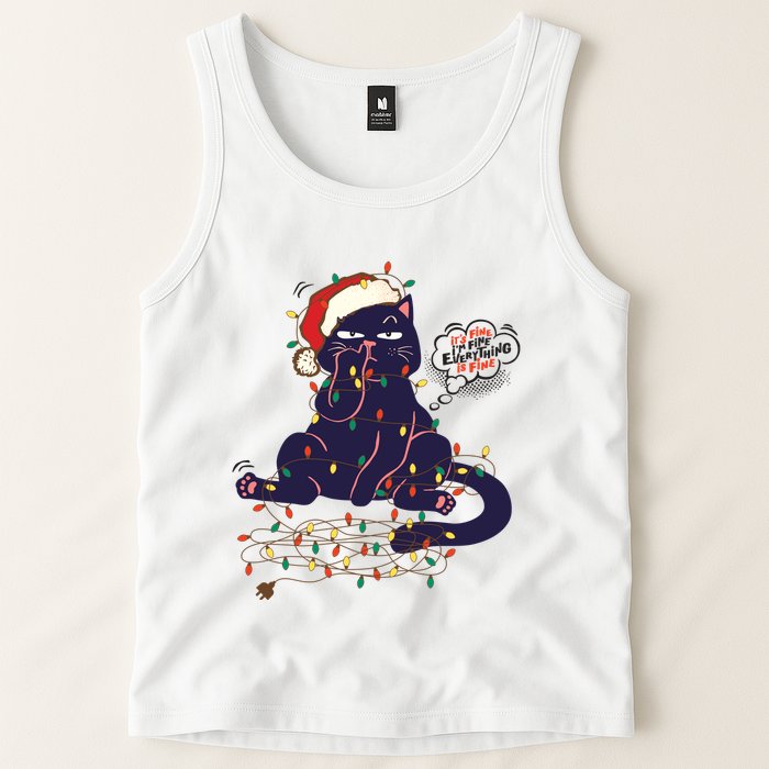 Funny Tangled Christmas Lights Cat Im Fine Everything Is Fine Tank Top
