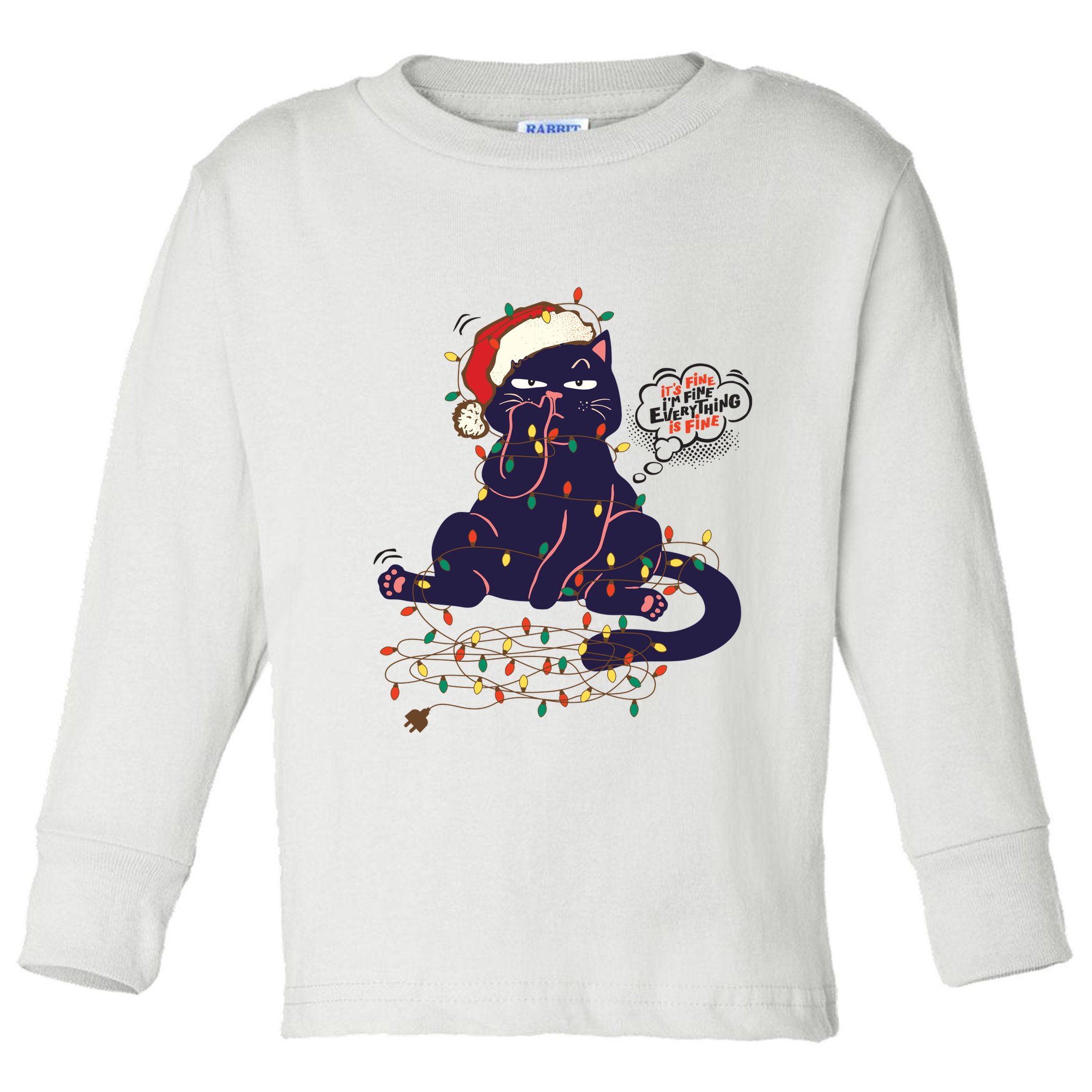 Funny Tangled Christmas Lights Cat Im Fine Everything Is Fine Toddler Long Sleeve Shirt