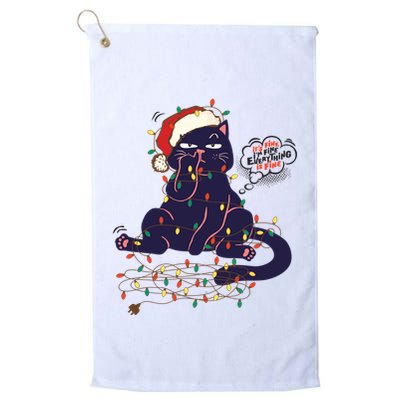 Funny Tangled Christmas Lights Cat Im Fine Everything Is Fine Golf Towel