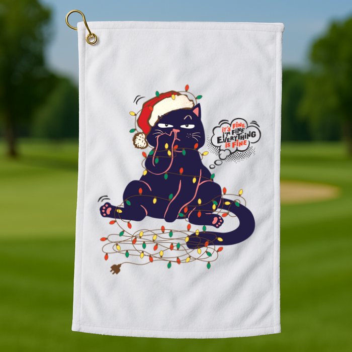Funny Tangled Christmas Lights Cat Im Fine Everything Is Fine Golf Towel
