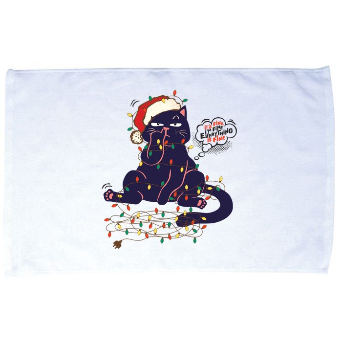 Funny Tangled Christmas Lights Cat Im Fine Everything Is Fine Microfiber Hand Towel