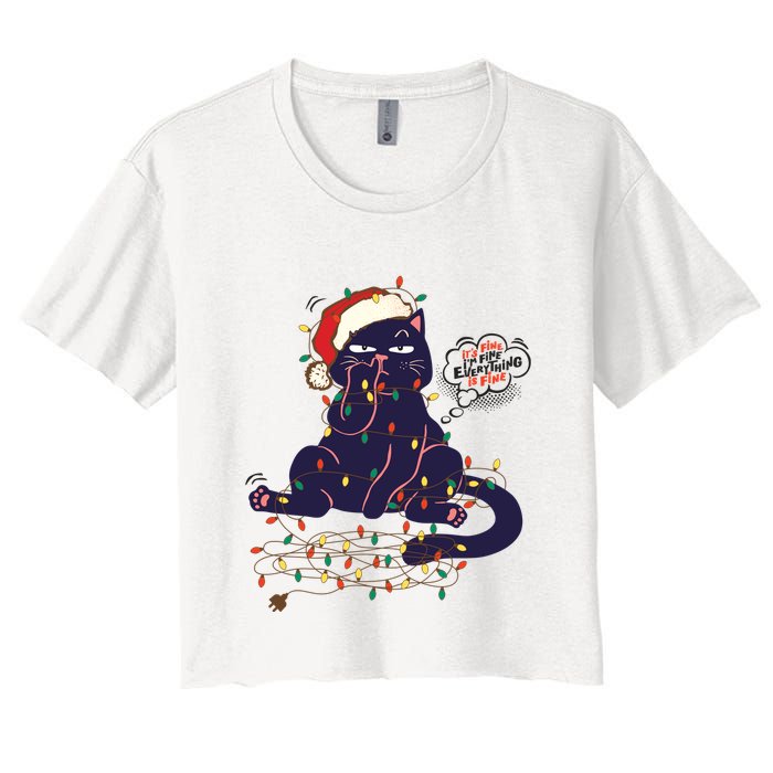 Funny Tangled Christmas Lights Cat Im Fine Everything Is Fine Crop Top