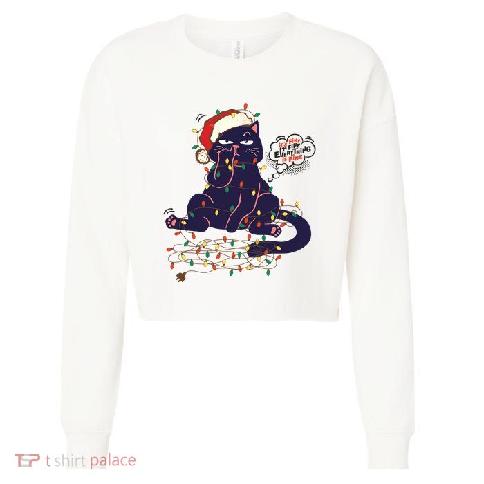 Funny Tangled Christmas Lights Cat Im Fine Everything Is Fine Cropped Pullover Crew