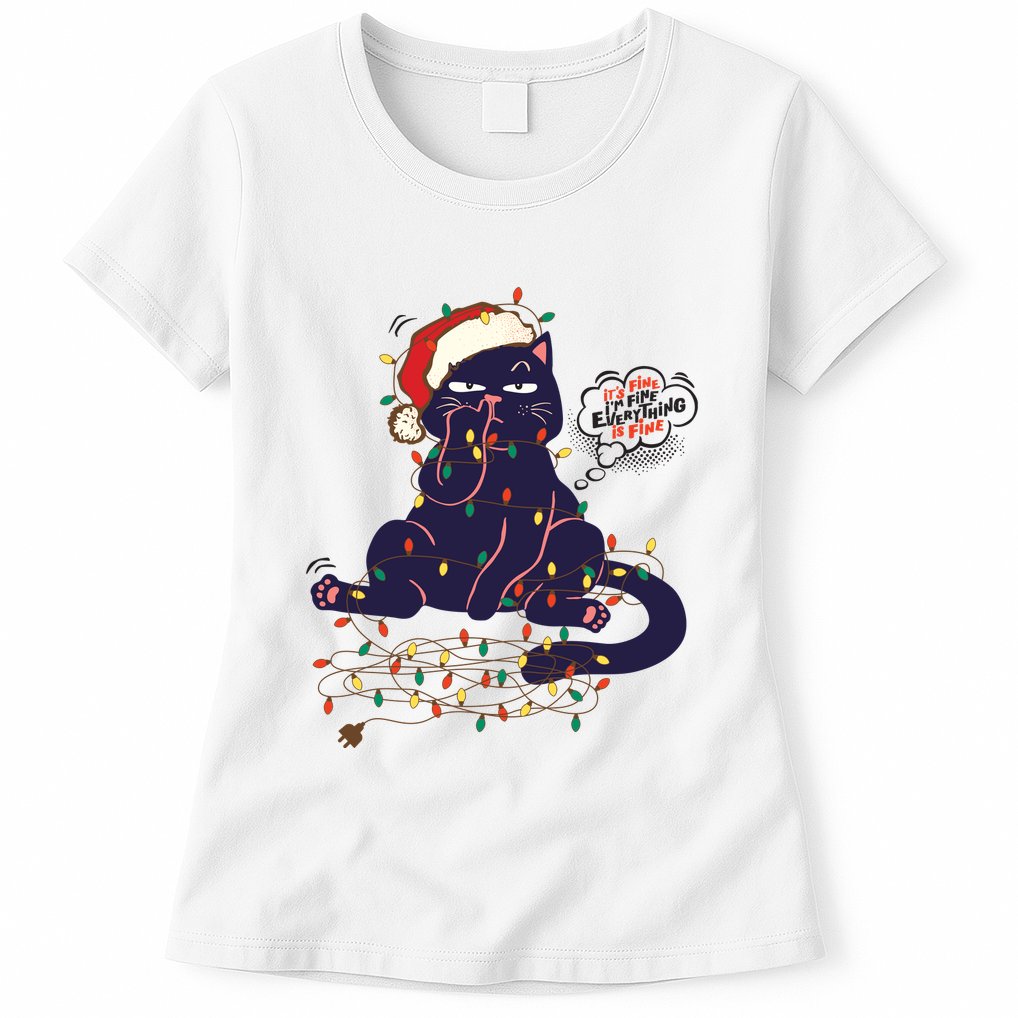 Funny Tangled Christmas Lights Cat Im Fine Everything Is Fine Womens T-Shirt