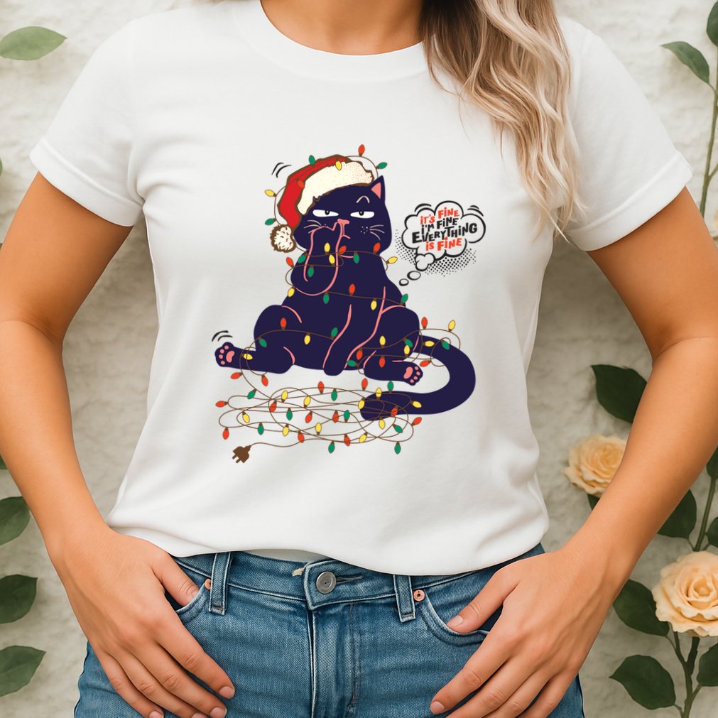 Funny Tangled Christmas Lights Cat Im Fine Everything Is Fine Womens T-Shirt