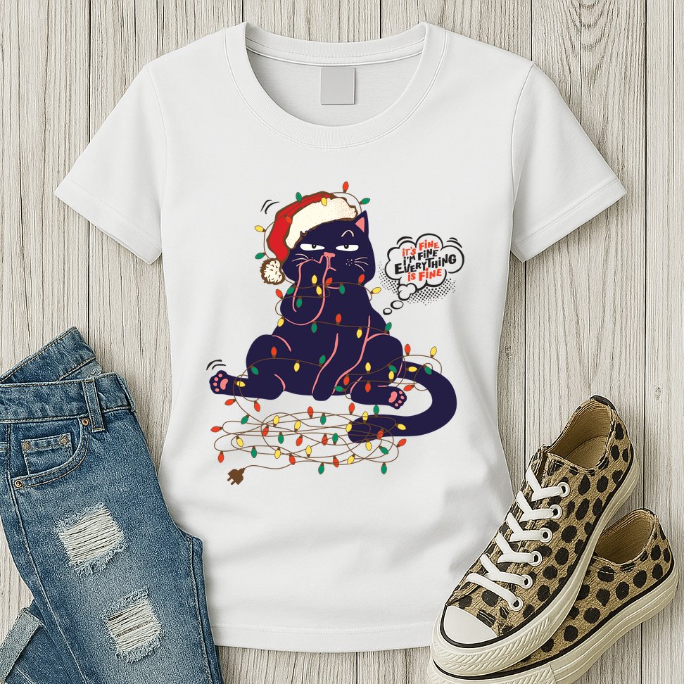 Funny Tangled Christmas Lights Cat Im Fine Everything Is Fine Womens T-Shirt