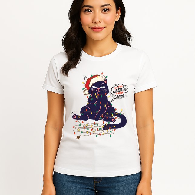 Funny Tangled Christmas Lights Cat Im Fine Everything Is Fine Womens T-Shirt