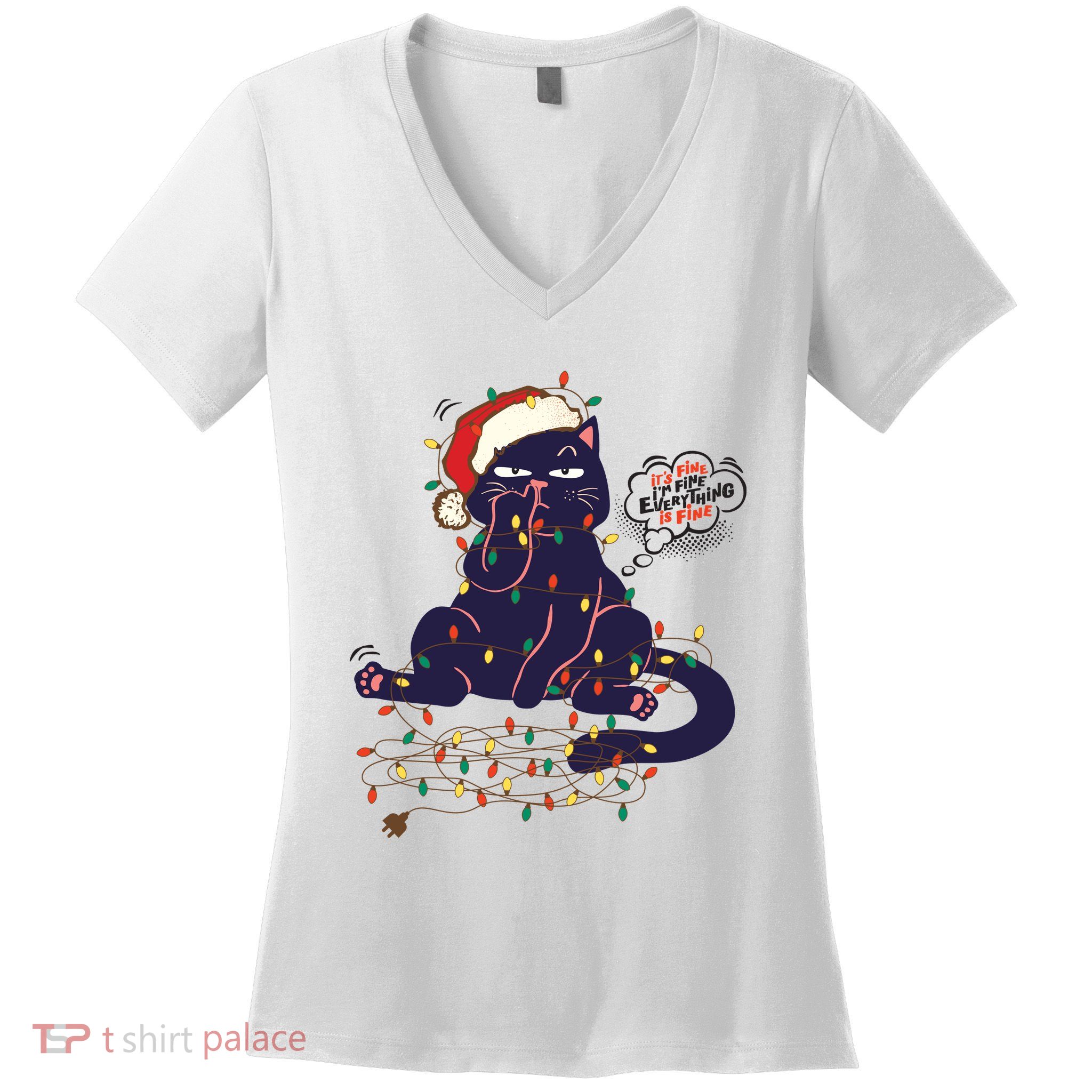 Funny Tangled Christmas Lights Cat Im Fine Everything Is Fine Women's V-Neck T-Shirt