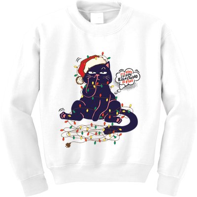 Funny Tangled Christmas Lights Cat Im Fine Everything Is Fine Kids Sweatshirt