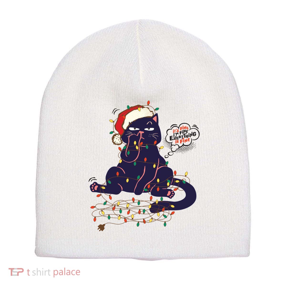 Funny Tangled Christmas Lights Cat Im Fine Everything Is Fine Short Acrylic Beanie